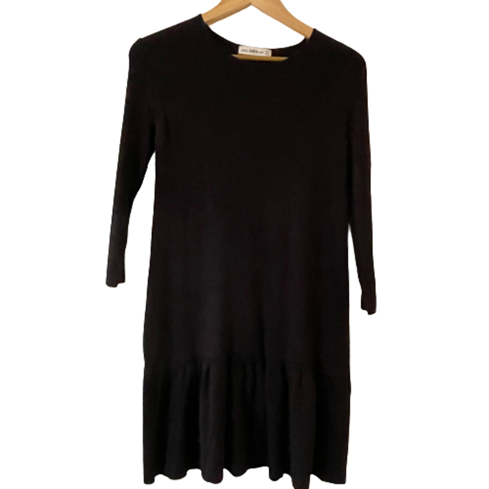 Zara Size M Drop Waist Mini Sweater Knit Shift Dress Crew Neck 3/4 Sleeve Black